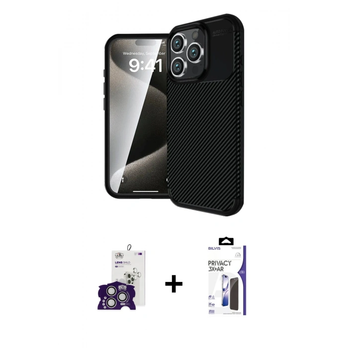 MARSİLYAN™- iPhone 16 Pro Max Kılıf Eksen Form Prime - Siyah Bilvis 3X AR Hayalet Cam Ekran Koruyucu + Bilvis Titan Kamera Lens - GS