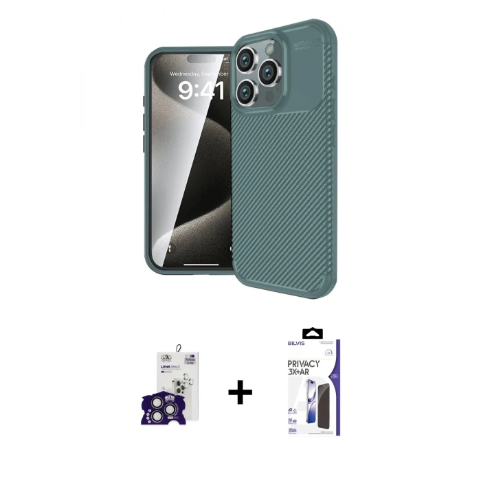 MARSİLYAN™- iPhone 16 Pro Max Kılıf Eksen Form Prime - Siyah Bilvis 3X AR Hayalet Cam Ekran Koruyucu + Bilvis Titan Kamera Lens - TMGI