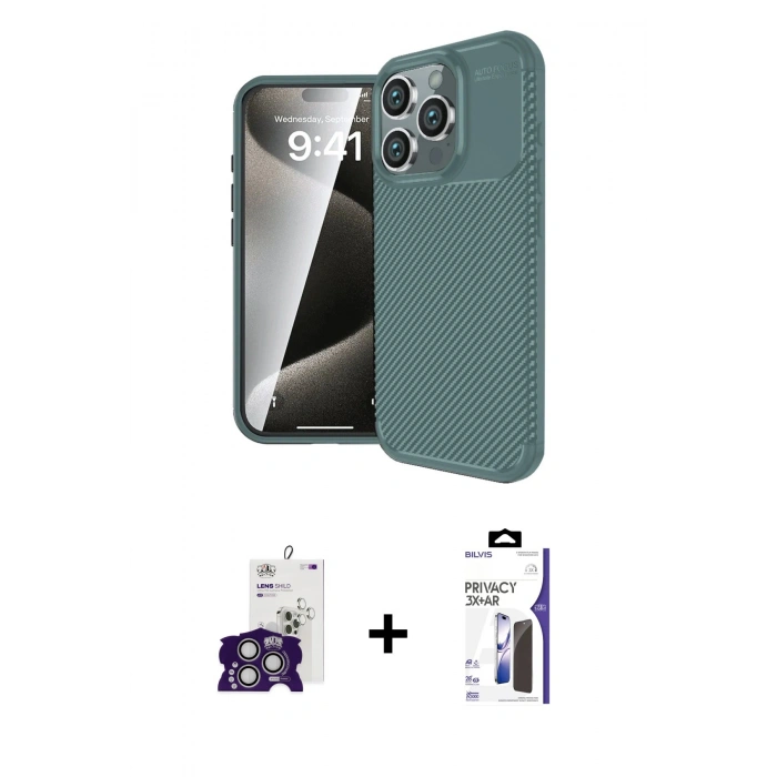 MARSİLYAN™- iPhone 16 Pro Max Kılıf Eksen Form Prime - Siyah Bilvis 3X AR Hayalet Cam Ekran Koruyucu + Bilvis Titan Kamera Lens - GS