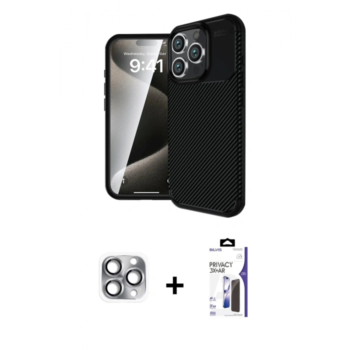 MARSİLYAN™- iPhone 16 Pro Max Kılıf Eksen Form Prime - Siyah Bilvis 3X AR Hayalet Cam Ekran Koruyucu + Pers Alüminyum Kamera Lens - GI