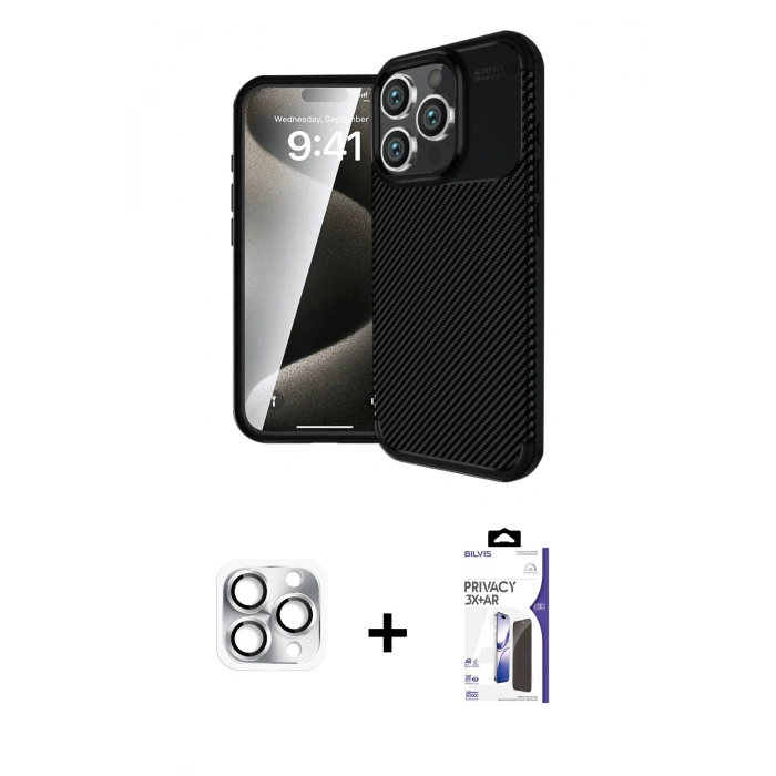 MARSİLYAN™- iPhone 16 Pro Max Kılıf Eksen Form Prime - Siyah Bilvis 3X AR Hayalet Cam Ekran Koruyucu + Pers Alüminyum Kamera Lens - GS