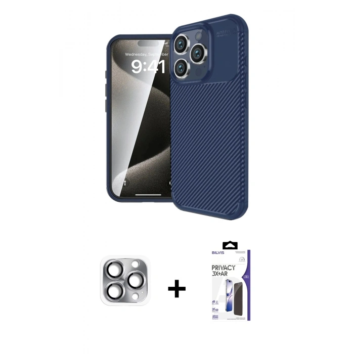 MARSİLYAN™- iPhone 16 Pro Max Kılıf Eksen Form Prime - Siyah Bilvis 3X AR Hayalet Cam Ekran Koruyucu + Pers Alüminyum Kamera Lens - GI