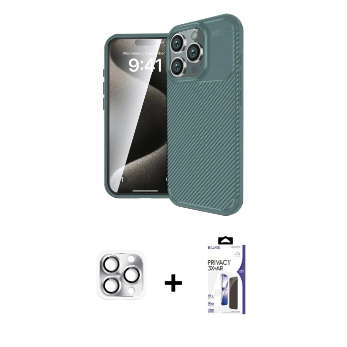 MARSİLYAN™- iPhone 16 Pro Max Kılıf Eksen Form Prime - Siyah Bilvis 3X AR Hayalet Cam Ekran Koruyucu + Pers Alüminyum Kamera Lens - GS