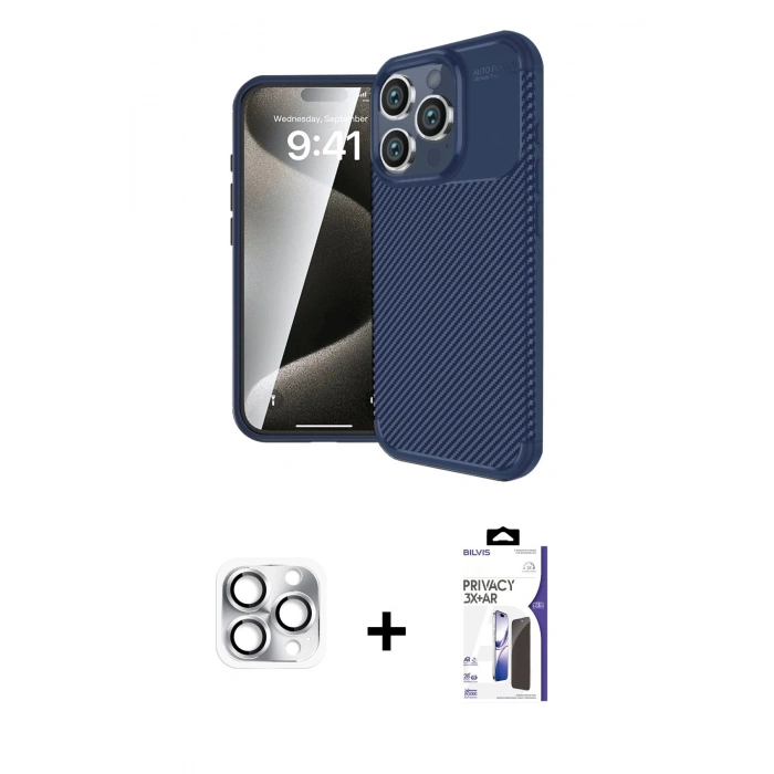 MARSİLYAN™- iPhone 16 Pro Max Kılıf Eksen Form Prime - Siyah Bilvis 3X AR Hayalet Cam Ekran Koruyucu + Pers Alüminyum Kamera Lens - GS
