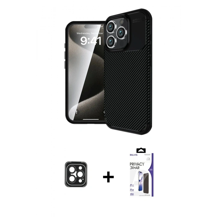 MARSİLYAN™- iPhone 16 Pro Max Kılıf Eksen Form Prime - Siyah Bilvis 3X AR Hayalet Cam Ekran Koruyucu + PVD Metal Kamera Lens - SH