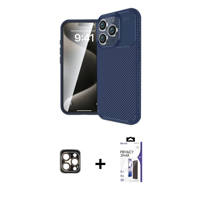 MARSİLYAN™- iPhone 16 Pro Max Kılıf Eksen Form Prime - Siyah Bilvis 3X AR Hayalet Cam Ekran Koruyucu + PVD Metal Kamera Lens - GD