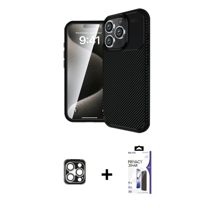 MARSİLYAN™- iPhone 16 Pro Max Kılıf Eksen Form Prime - Siyah Bilvis 3X AR Hayalet Cam Ekran Koruyucu + PVD Metal Kamera Lens - GS