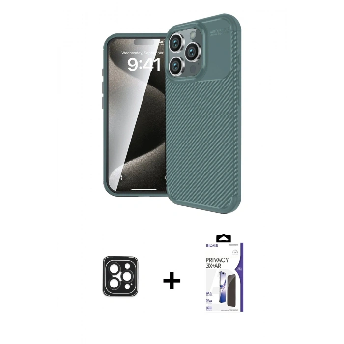 MARSİLYAN™- iPhone 16 Pro Max Kılıf Eksen Form Prime - Siyah Bilvis 3X AR Hayalet Cam Ekran Koruyucu + PVD Metal Kamera Lens - SH