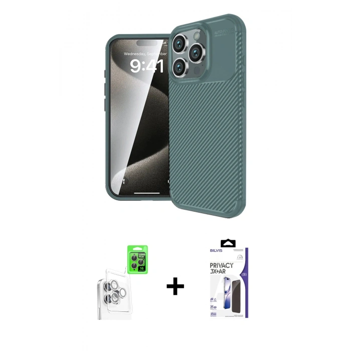 MARSİLYAN™- iPhone 16 Pro Max Kılıf Eksen Form Prime - Siyah Bilvis 3X AR Hayalet Cam Ekran Koruyucu + Raze Metal Kamera Lens - BZ