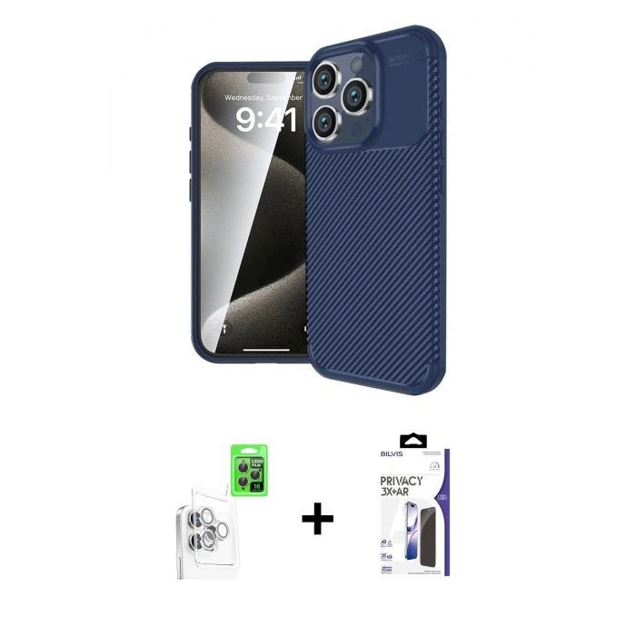 MARSİLYAN™- iPhone 16 Pro Max Kılıf Eksen Form Prime - Siyah Bilvis 3X AR Hayalet Cam Ekran Koruyucu + Raze Metal Kamera Lens - BZ