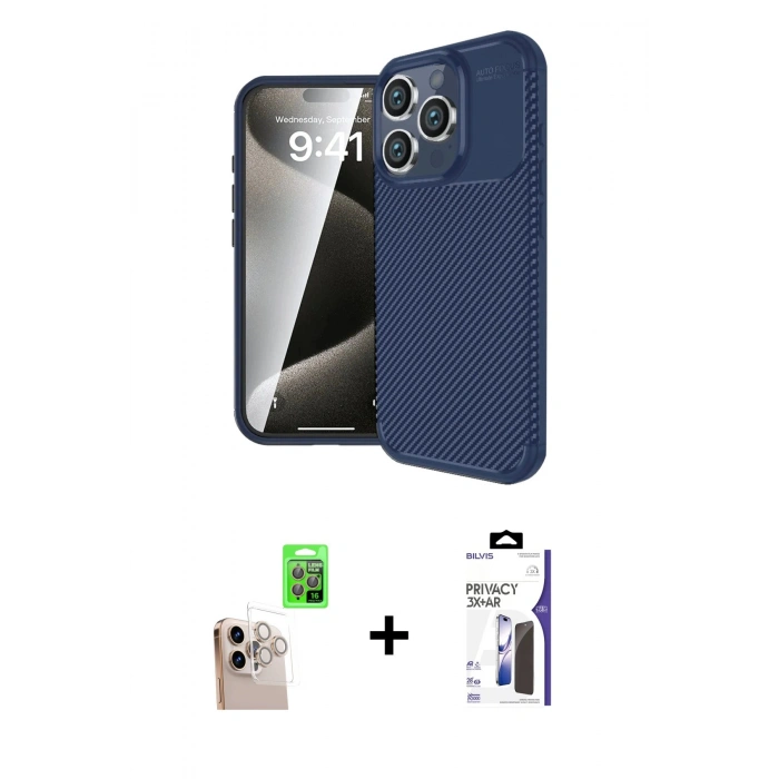 MARSİLYAN™- iPhone 16 Pro Max Kılıf Eksen Form Prime - Siyah Bilvis 3X AR Hayalet Cam Ekran Koruyucu + Raze Metal Kamera Lens - NLGY