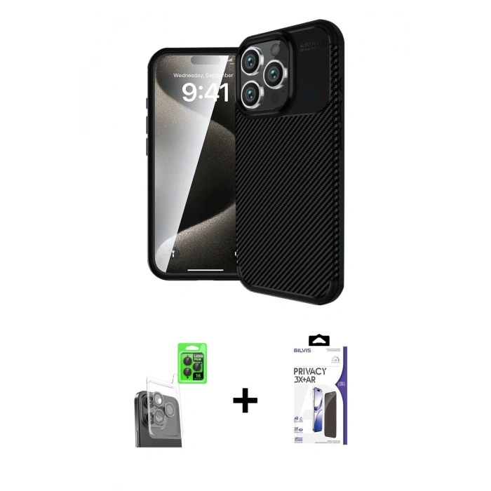 MARSİLYAN™- iPhone 16 Pro Max Kılıf Eksen Form Prime - Siyah Bilvis 3X AR Hayalet Cam Ekran Koruyucu + Raze Metal Kamera Lens - SH