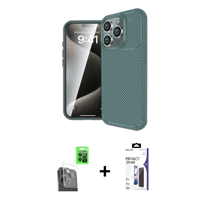 MARSİLYAN™- iPhone 16 Pro Max Kılıf Eksen Form Prime - Siyah Bilvis 3X AR Hayalet Cam Ekran Koruyucu + Raze Metal Kamera Lens - SH