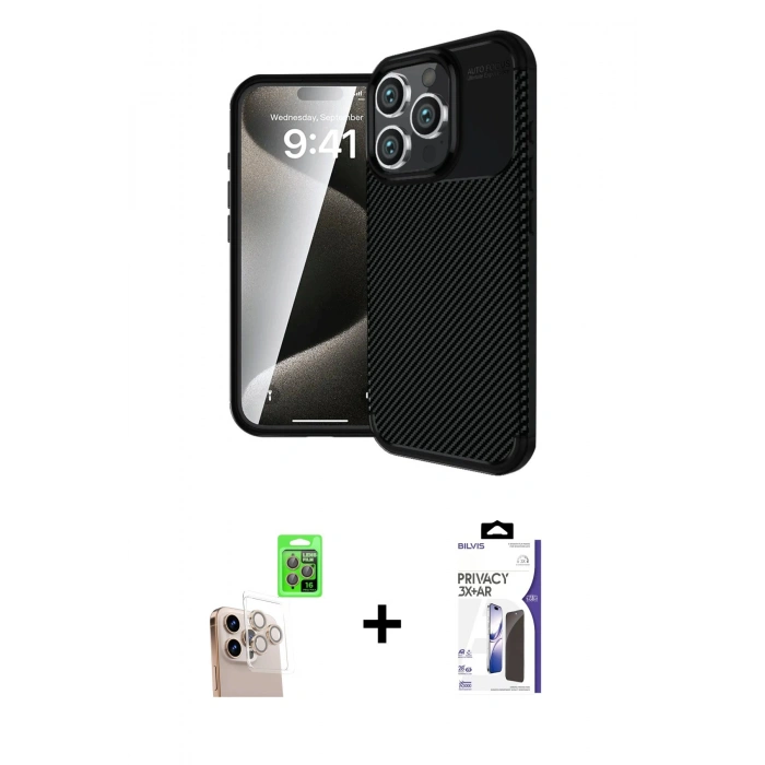 MARSİLYAN™- iPhone 16 Pro Max Kılıf Eksen Form Prime - Siyah Bilvis 3X AR Hayalet Cam Ekran Koruyucu + Raze Metal Kamera Lens - NLGY