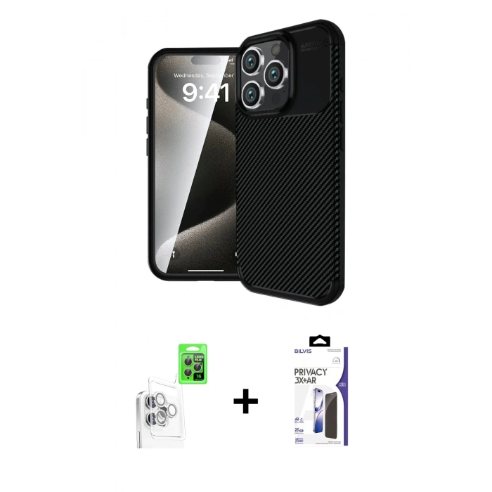 MARSİLYAN™- iPhone 16 Pro Max Kılıf Eksen Form Prime - Siyah Bilvis 3X AR Hayalet Cam Ekran Koruyucu + Raze Metal Kamera Lens - BZ