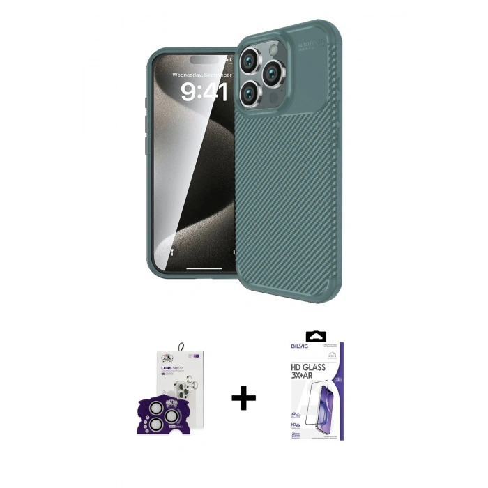MARSİLYAN™- iPhone 16 Pro Max Kılıf Eksen Form Prime - Siyah Bilvis 3X AR HD Cam Ekran Koruyucu + Bilvis Titan Kamera Lens - GS