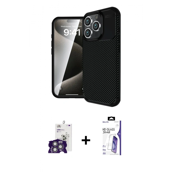 MARSİLYAN™- iPhone 16 Pro Max Kılıf Eksen Form Prime - Siyah Bilvis 3X AR HD Cam Ekran Koruyucu + Bilvis Titan Kamera Lens - GS