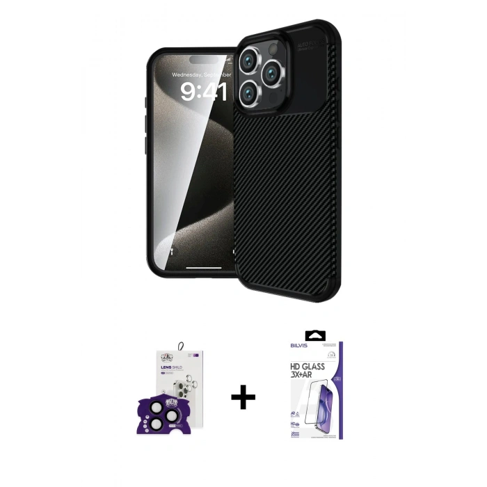 MARSİLYAN™- iPhone 16 Pro Max Kılıf Eksen Form Prime - Siyah Bilvis 3X AR HD Cam Ekran Koruyucu + Bilvis Titan Kamera Lens - SH