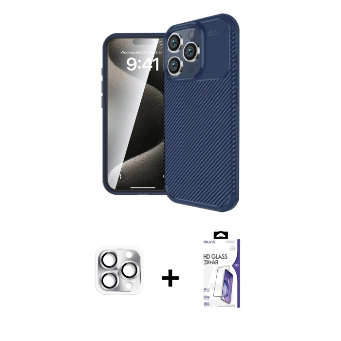 MARSİLYAN™- iPhone 16 Pro Max Kılıf Eksen Form Prime - Siyah Bilvis 3X AR HD Cam Ekran Koruyucu + Pers Alüminyum Kamera Lens - GS