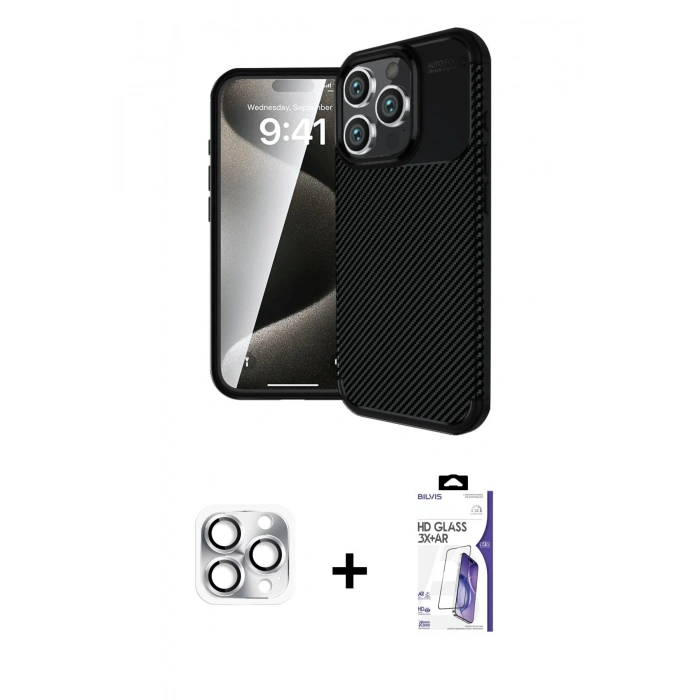 MARSİLYAN™- iPhone 16 Pro Max Kılıf Eksen Form Prime - Siyah Bilvis 3X AR HD Cam Ekran Koruyucu + Pers Alüminyum Kamera Lens - GS
