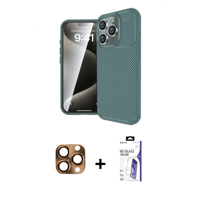 MARSİLYAN™- iPhone 16 Pro Max Kılıf Eksen Form Prime - Siyah Bilvis 3X AR HD Cam Ekran Koruyucu + Pers Alüminyum Kamera Lens - CLTM