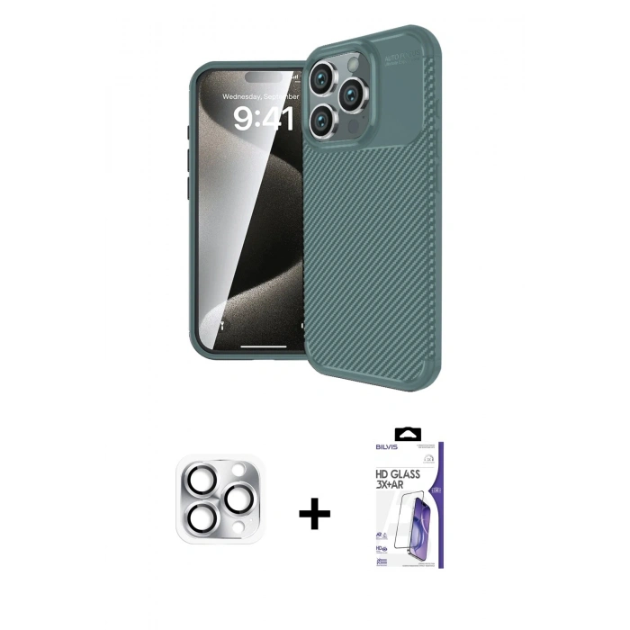 MARSİLYAN™- iPhone 16 Pro Max Kılıf Eksen Form Prime - Siyah Bilvis 3X AR HD Cam Ekran Koruyucu + Pers Alüminyum Kamera Lens - GS