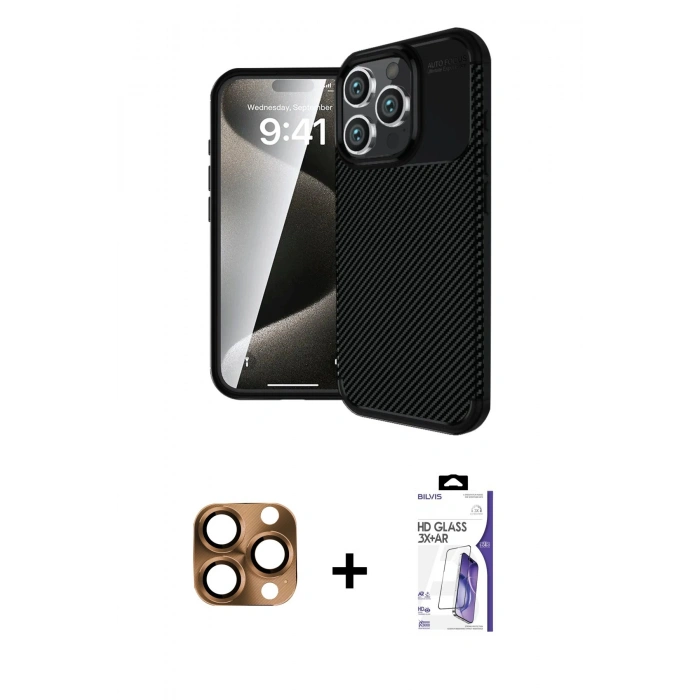 MARSİLYAN™- iPhone 16 Pro Max Kılıf Eksen Form Prime - Siyah Bilvis 3X AR HD Cam Ekran Koruyucu + Pers Alüminyum Kamera Lens - CLTM