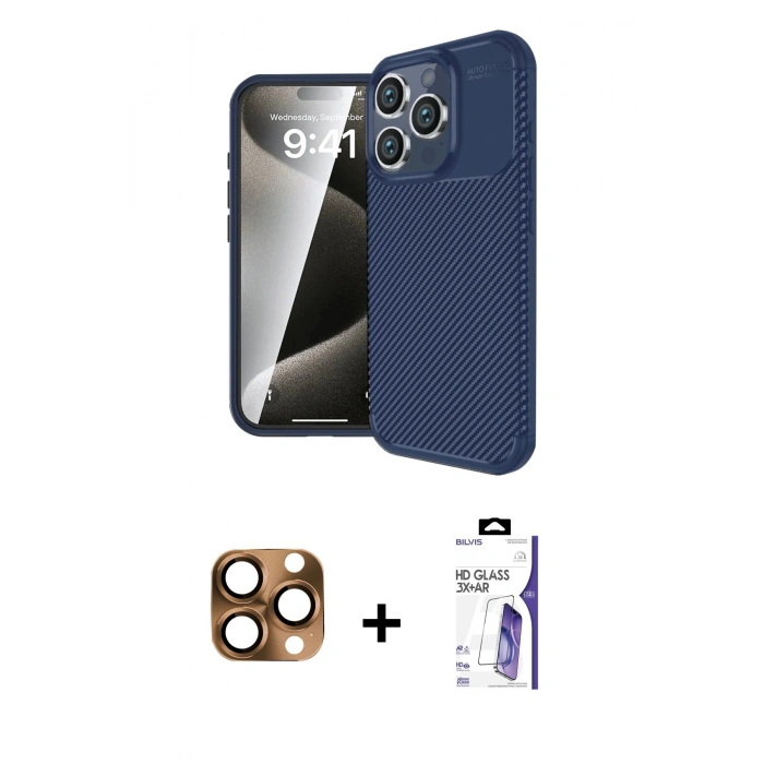 MARSİLYAN™- iPhone 16 Pro Max Kılıf Eksen Form Prime - Siyah Bilvis 3X AR HD Cam Ekran Koruyucu + Pers Alüminyum Kamera Lens - CLTM