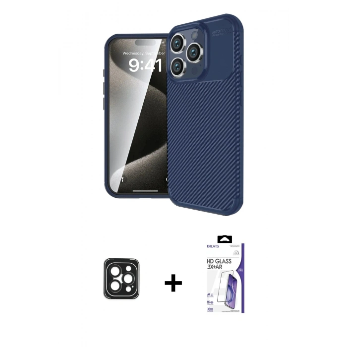 MARSİLYAN™- iPhone 16 Pro Max Kılıf Eksen Form Prime - Siyah Bilvis 3X AR HD Cam Ekran Koruyucu + PVD Metal Kamera Lens - SH