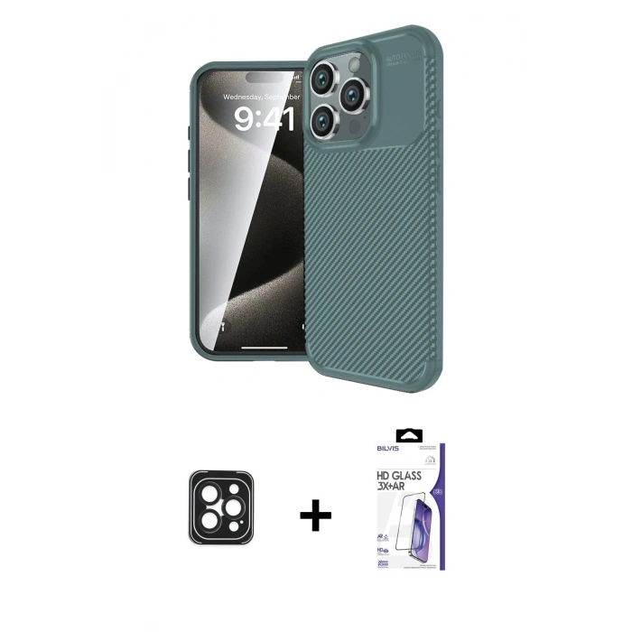 MARSİLYAN™- iPhone 16 Pro Max Kılıf Eksen Form Prime - Siyah Bilvis 3X AR HD Cam Ekran Koruyucu + PVD Metal Kamera Lens - SH