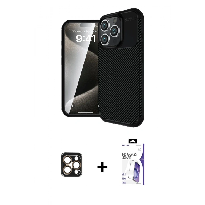 MARSİLYAN™- iPhone 16 Pro Max Kılıf Eksen Form Prime - Siyah Bilvis 3X AR HD Cam Ekran Koruyucu + PVD Metal Kamera Lens - GD