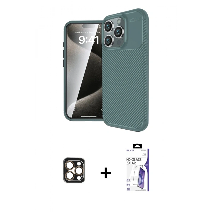 MARSİLYAN™- iPhone 16 Pro Max Kılıf Eksen Form Prime - Siyah Bilvis 3X AR HD Cam Ekran Koruyucu + PVD Metal Kamera Lens - GD