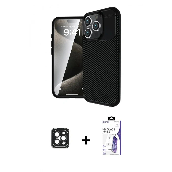 MARSİLYAN™- iPhone 16 Pro Max Kılıf Eksen Form Prime - Siyah Bilvis 3X AR HD Cam Ekran Koruyucu + PVD Metal Kamera Lens - SH