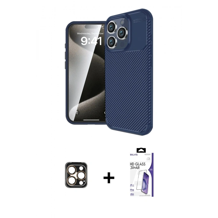 MARSİLYAN™- iPhone 16 Pro Max Kılıf Eksen Form Prime - Siyah Bilvis 3X AR HD Cam Ekran Koruyucu + PVD Metal Kamera Lens - GD