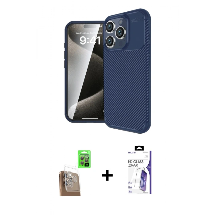MARSİLYAN™- iPhone 16 Pro Max Kılıf Eksen Form Prime - Siyah Bilvis 3X AR HD Cam Ekran Koruyucu + Raze Metal Kamera Lens - CLTM