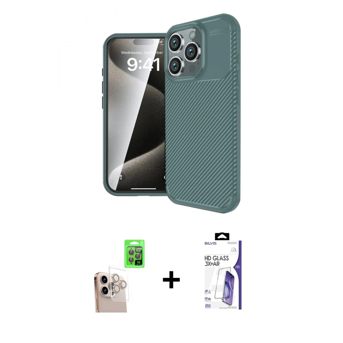 MARSİLYAN™- iPhone 16 Pro Max Kılıf Eksen Form Prime - Siyah Bilvis 3X AR HD Cam Ekran Koruyucu + Raze Metal Kamera Lens - NLGY