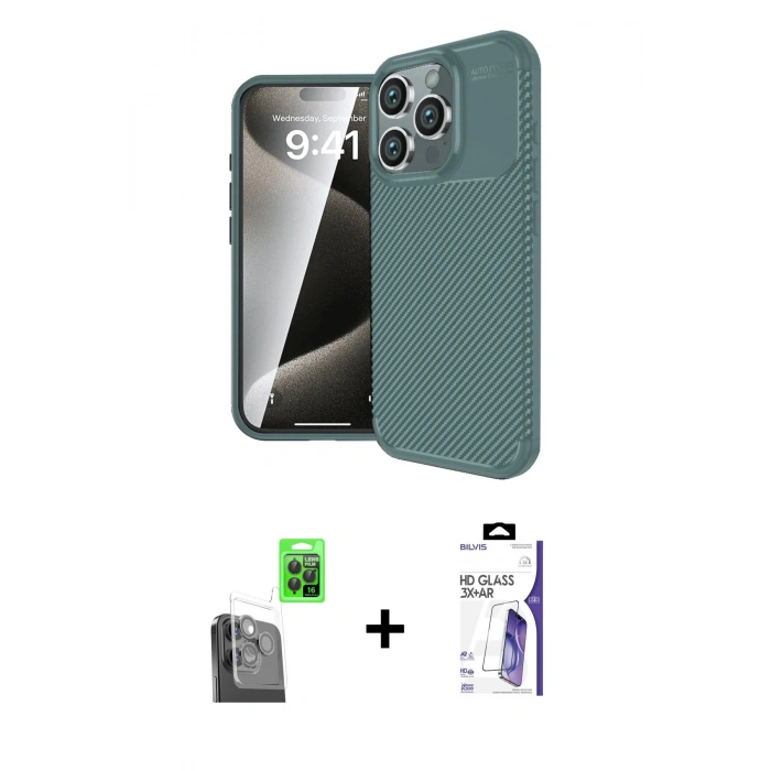 MARSİLYAN™- iPhone 16 Pro Max Kılıf Eksen Form Prime - Siyah Bilvis 3X AR HD Cam Ekran Koruyucu + Raze Metal Kamera Lens - SH