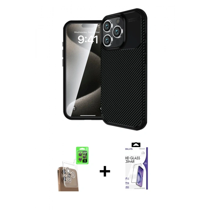 MARSİLYAN™- iPhone 16 Pro Max Kılıf Eksen Form Prime - Siyah Bilvis 3X AR HD Cam Ekran Koruyucu + Raze Metal Kamera Lens - CLTM