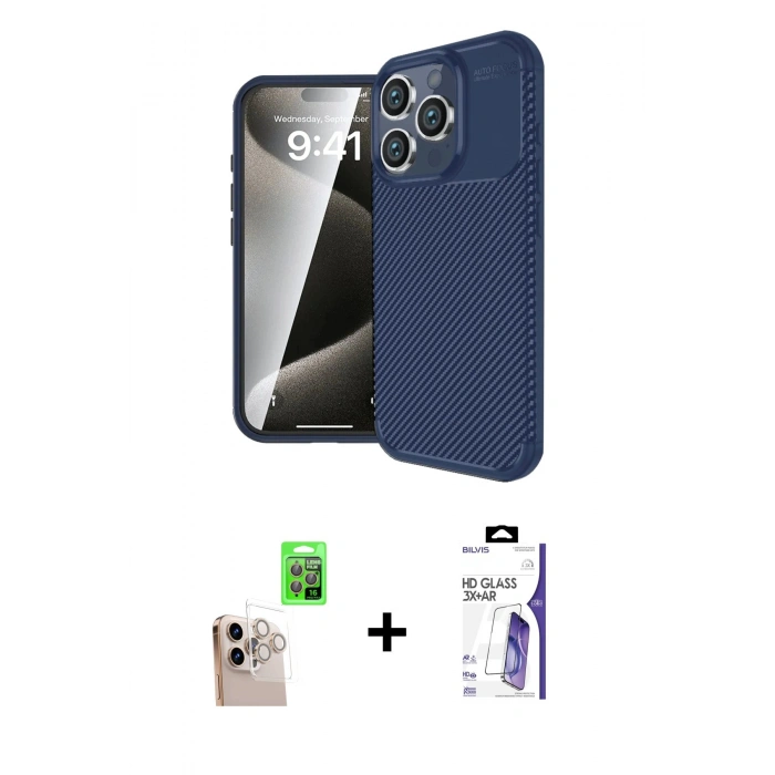 MARSİLYAN™- iPhone 16 Pro Max Kılıf Eksen Form Prime - Siyah Bilvis 3X AR HD Cam Ekran Koruyucu + Raze Metal Kamera Lens - NLGY