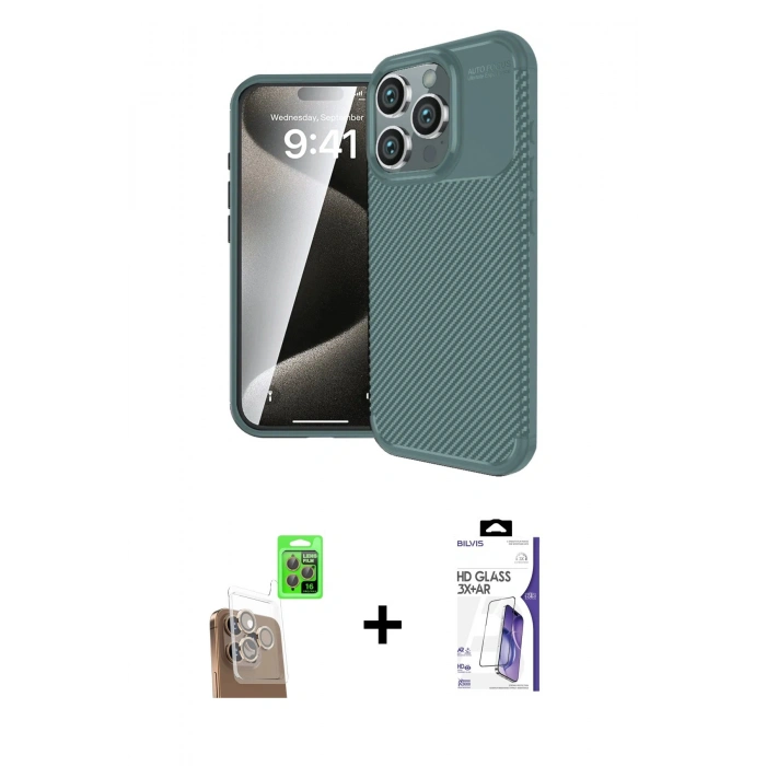 MARSİLYAN™- iPhone 16 Pro Max Kılıf Eksen Form Prime - Siyah Bilvis 3X AR HD Cam Ekran Koruyucu + Raze Metal Kamera Lens - CLTM