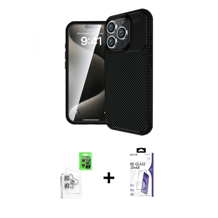 MARSİLYAN™- iPhone 16 Pro Max Kılıf Eksen Form Prime - Siyah Bilvis 3X AR HD Cam Ekran Koruyucu + Raze Metal Kamera Lens - BZ