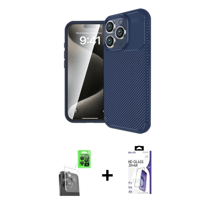 MARSİLYAN™- iPhone 16 Pro Max Kılıf Eksen Form Prime - Siyah Bilvis 3X AR HD Cam Ekran Koruyucu + Raze Metal Kamera Lens - SH