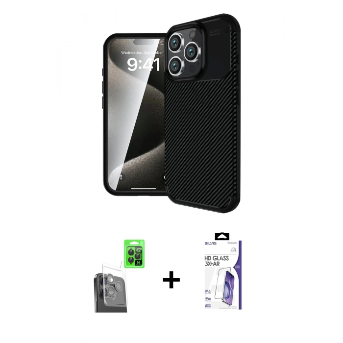 MARSİLYAN™- iPhone 16 Pro Max Kılıf Eksen Form Prime - Siyah Bilvis 3X AR HD Cam Ekran Koruyucu + Raze Metal Kamera Lens - SH