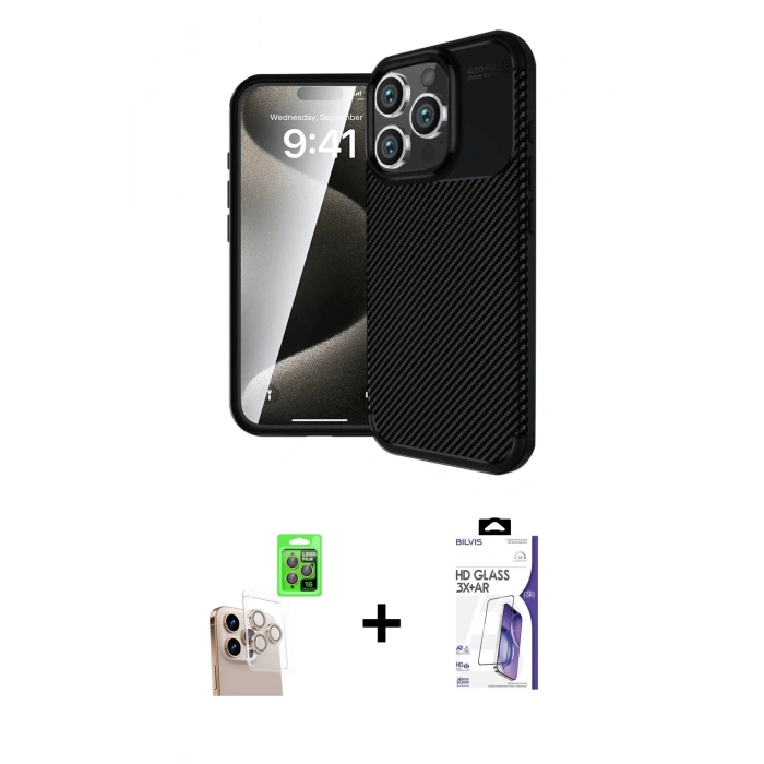 MARSİLYAN™- iPhone 16 Pro Max Kılıf Eksen Form Prime - Siyah Bilvis 3X AR HD Cam Ekran Koruyucu + Raze Metal Kamera Lens - NLGY