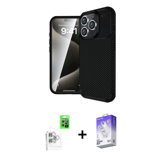 MARSİLYAN™- iPhone 16 Pro Max Kılıf Eksen Form Prime - Siyah Bilvis 5in1 3D Magic Cam Ekran Koruyucu + Raze Metal Kamera Lens - BZ