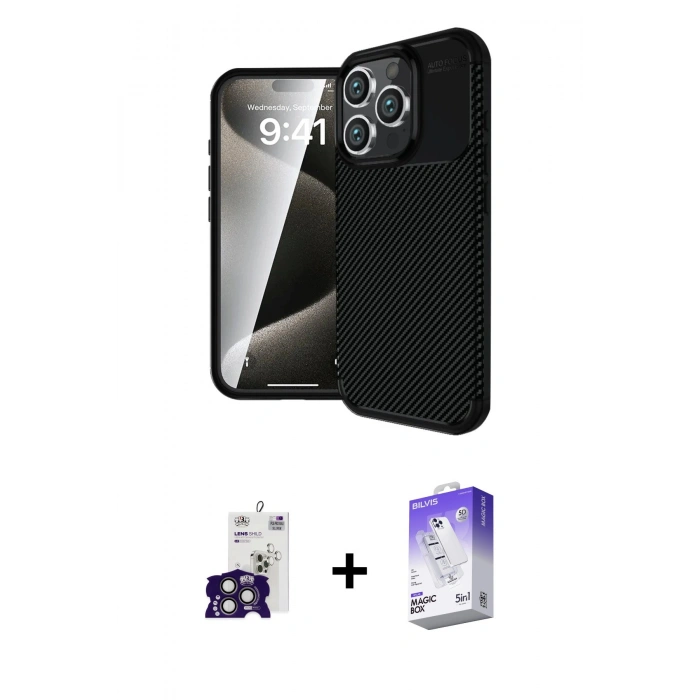 MARSİLYAN™- iPhone 16 Pro Max Kılıf Eksen Form Prime - Siyah Bilvis 5in1 3D Magic Cam Ekran Koruyucu + Bilvis Titan Kamera Lens - TMGI