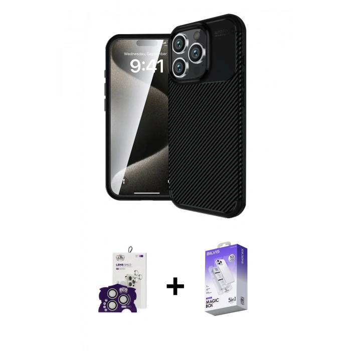 MARSİLYAN™- iPhone 16 Pro Max Kılıf Eksen Form Prime - Siyah Bilvis 5in1 3D Magic Cam Ekran Koruyucu + Bilvis Titan Kamera Lens - GS