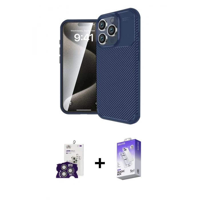 MARSİLYAN™- iPhone 16 Pro Max Kılıf Eksen Form Prime - Siyah Bilvis 5in1 3D Magic Cam Ekran Koruyucu + Bilvis Titan Kamera Lens - GS