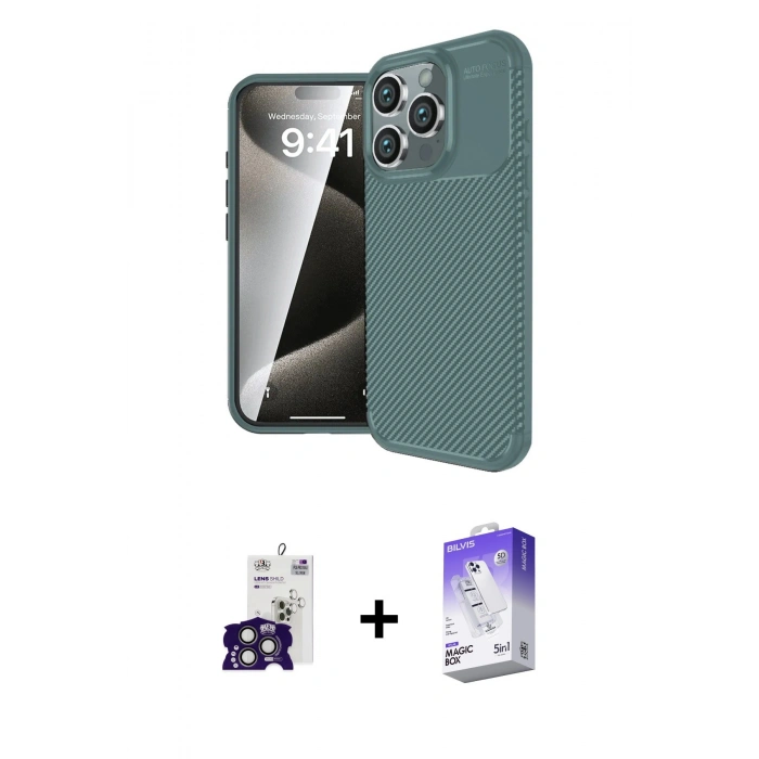 MARSİLYAN™- iPhone 16 Pro Max Kılıf Eksen Form Prime - Siyah Bilvis 5in1 3D Magic Cam Ekran Koruyucu + Bilvis Titan Kamera Lens - TMGI