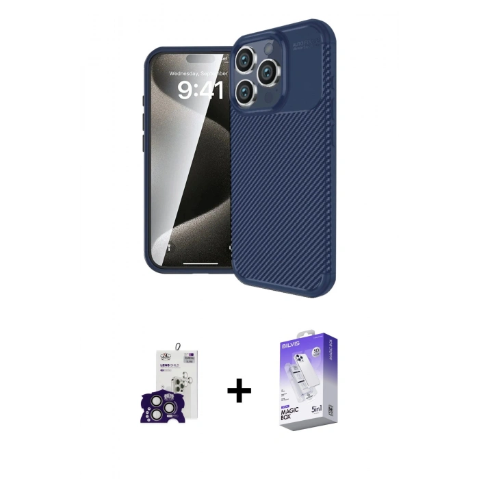 MARSİLYAN™- iPhone 16 Pro Max Kılıf Eksen Form Prime - Siyah Bilvis 5in1 3D Magic Cam Ekran Koruyucu + Bilvis Titan Kamera Lens - TMGI